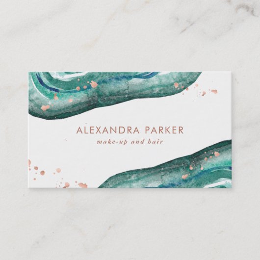 Waterverf Blauwgroen en Faux Roos Gold Geode Visitekaartje (Voorkant)