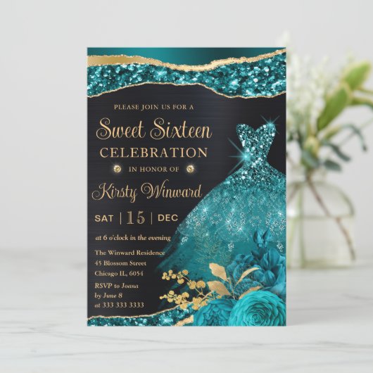 Waterverf Blauwgroen en Glitter Dress Sweet Sixtee Kaart (Staand voorkant)