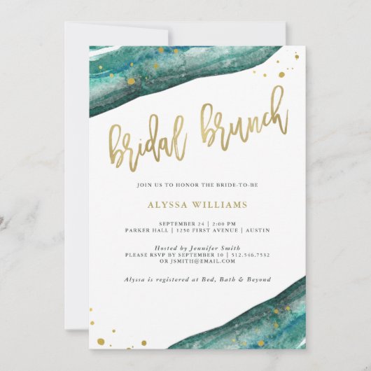 Waterverf Blauwgroen en Gold Geode Bridal Brunch Kaart (Voorkant)