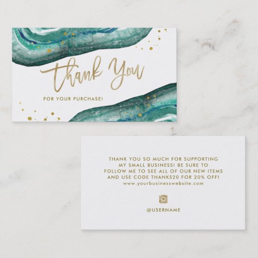 Waterverf Blauwgroen en Gold Geode | Dank u wel Visitekaartje (Voorkant / Achterkant)