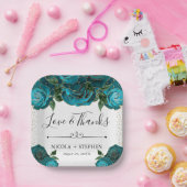 Waterverf Blauwgroen en Gold Glam Rozen bruiloft Papieren Bordje (Feest)