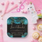 Waterverf Blauwgroen en Gold Glam Rozen bruiloft Papieren Bordje (Feest)