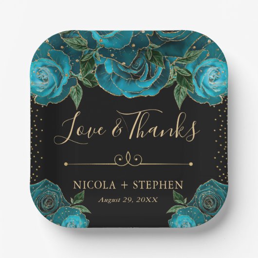 Waterverf Blauwgroen en Gold Glam Rozen bruiloft Papieren Bordje (Voorkant)
