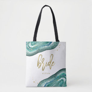 Waterverf Blauwgroen en Gold Look Geode   Bruid Tote Bag