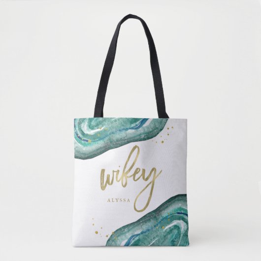 Waterverf Blauwgroen en Gold Look Geode | Wifey Tote Bag (Voorkant)