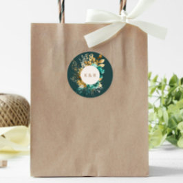 Waterverf Blauwgroen en Goud Bloemen Monogram Brui Ronde Sticker