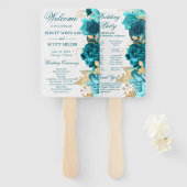 Waterverf Blauwgroen en gouden bloemen bruiloft Handwaaier (Voorkant en achterkant)