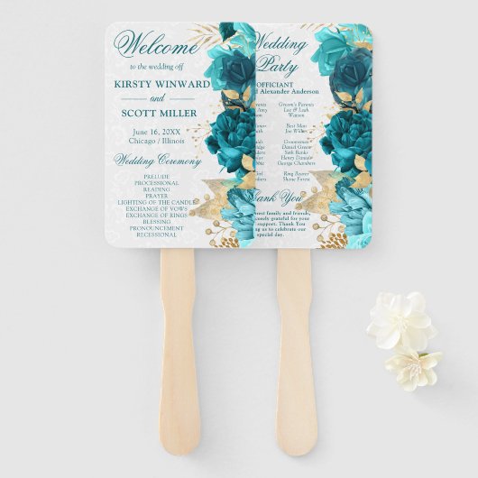 Waterverf Blauwgroen en gouden bloemen bruiloft Handwaaier (Voorkant en achterkant)