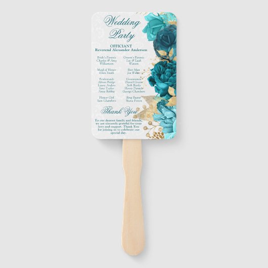 Waterverf Blauwgroen en gouden bloemen bruiloft Handwaaier (Achterkant)
