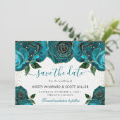 Waterverf Blauwgroen en gouden bloemen bruiloft Save The Date (Staand voorkant)