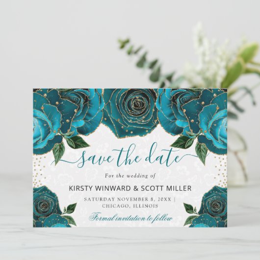 Waterverf Blauwgroen en gouden bloemen bruiloft Save The Date (Staand voorkant)