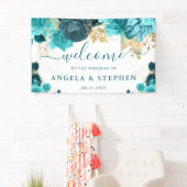 Waterverf Blauwgroen en gouden bloemen bruiloft Spandoek (Insitu)