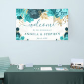 Waterverf Blauwgroen en gouden bloemen bruiloft Spandoek (Beurs)