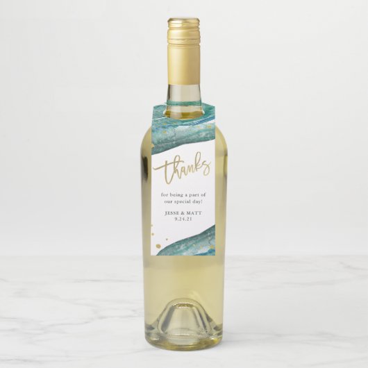 Waterverf Blauwgroen en Gouden Geode | Bedankt Flessenhanger (Op fles)