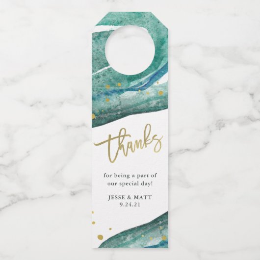 Waterverf Blauwgroen en Gouden Geode | Bedankt Flessenhanger (Voorkant)