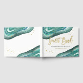 Waterverf Blauwgroen en Gouden Geode Bruiloft Gastenboek (Volledig)