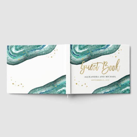 Waterverf Blauwgroen en Gouden Geode Bruiloft Gastenboek (Volledig)
