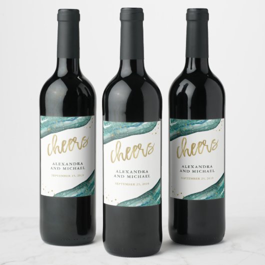 Waterverf Blauwgroen en gouden geode bruiloft geju Wijn Etiket (Flessen)