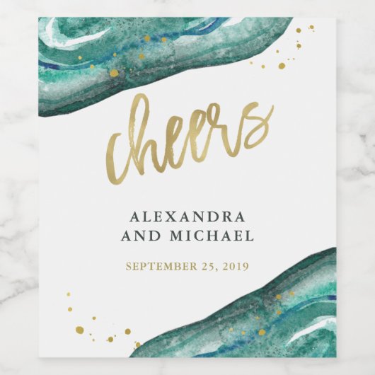 Waterverf Blauwgroen en gouden geode bruiloft geju Wijn Etiket (Enkel label)