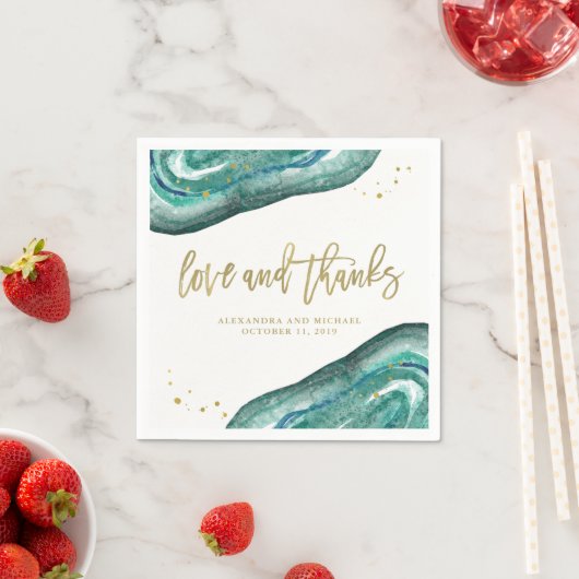 Waterverf Blauwgroen en Gouden Geode Bruiloft Servet (Insitu)