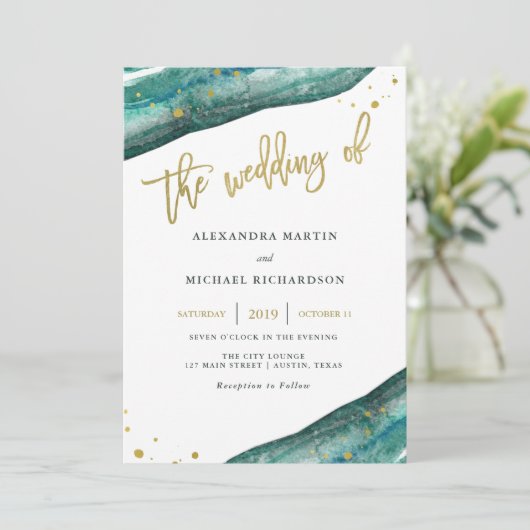 Waterverf Blauwgroen en gouden Geode bruiloft uitn Kaart (Staand voorkant)