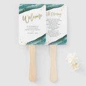 Waterverf Blauwgroen en Gouden Geode Bruiloft Welk Handwaaier (Voorkant en achterkant)