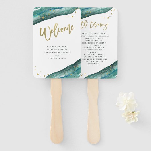 Waterverf Blauwgroen en Gouden Geode Bruiloft Welk Handwaaier (Voorkant en achterkant)