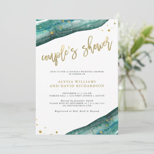 Waterverf Blauwgroen en Gouden Geode Couples Showe Kaart (Staand voorkant)