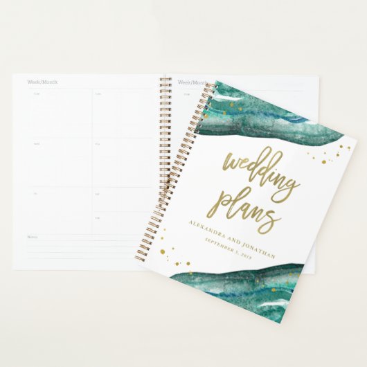 Waterverf Blauwgroen en Gouden Geode | Huwelijkspl Planner (Display)