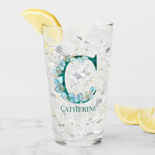 Waterverf Blauwgroen en Gouden Monogram Letter C Glas (Voorkant ijs)