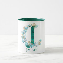 Waterverf Blauwgroen en Gouden Monogram Letter J Mok