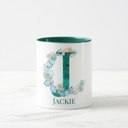 Waterverf Blauwgroen en Gouden Monogram Letter J Mok (Midden)