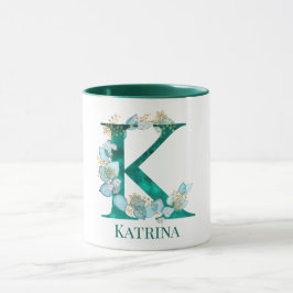 Waterverf Blauwgroen en Gouden Monogram Letter K Mok