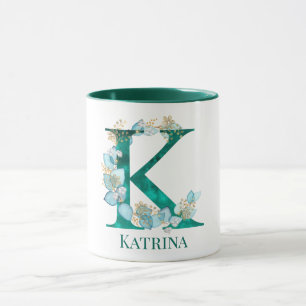Waterverf Blauwgroen en Gouden Monogram Letter K Mok