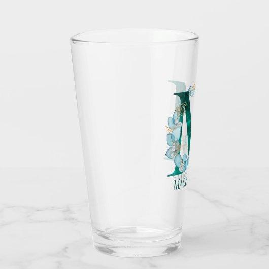 Waterverf Blauwgroen en Gouden Monogram Letter M Glas (Rechts)