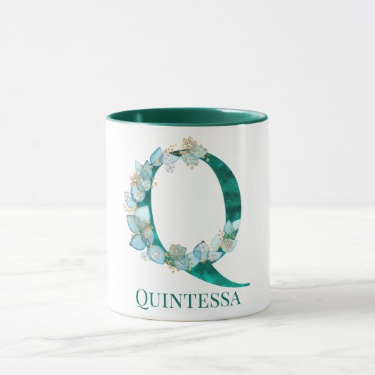 Waterverf Blauwgroen en Gouden Monogram Letter Q Mok (Midden)