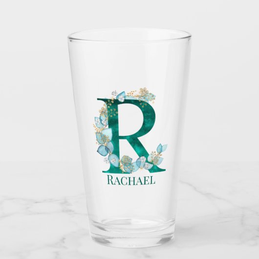 Waterverf Blauwgroen en Gouden Monogram Letter R Glas (Voorkant)