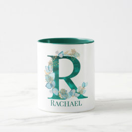 Waterverf Blauwgroen en Gouden Monogram Letter R Mok