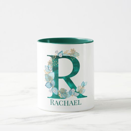 Waterverf Blauwgroen en Gouden Monogram Letter R Mok (Midden)