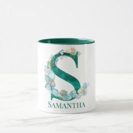 Waterverf Blauwgroen en Gouden Monogram Letter S Mok