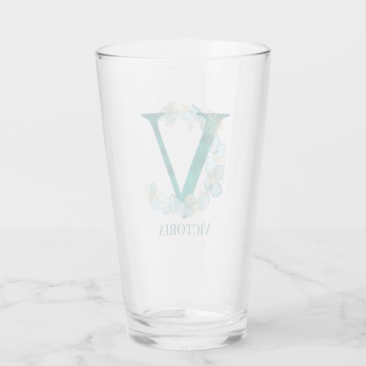 Waterverf Blauwgroen en Gouden Monogram Letter V Glas (Achterkant)