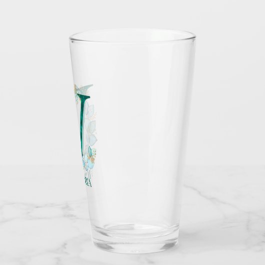 Waterverf Blauwgroen en Gouden Monogram Letter V Glas (Links)