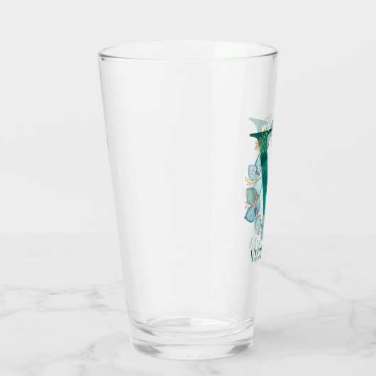 Waterverf Blauwgroen en Gouden Monogram Letter V Glas (Rechts)
