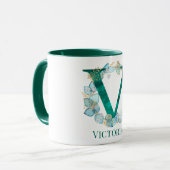 Waterverf Blauwgroen en Gouden Monogram Letter V Mok (Voorkant links)