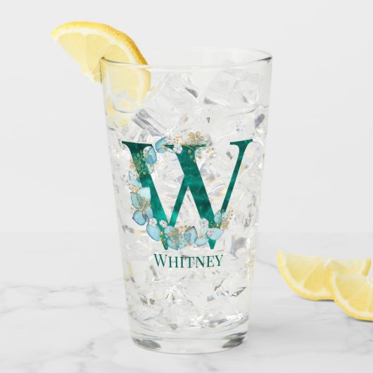 Waterverf Blauwgroen en Gouden Monogram Letter W Glas (Voorkant ijs)