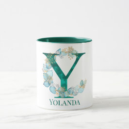 Waterverf Blauwgroen en Gouden Monogram Letter Y Mok