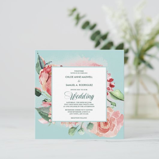 Waterverf Blauwgroen en koraalroze bruiloft Kaart (Staand voorkant)