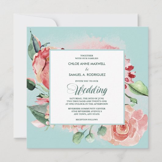 Waterverf Blauwgroen en koraalroze bruiloft Kaart (Voorkant)