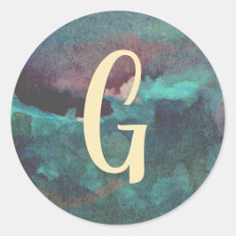 Waterverf blauwgroen en maroon Monogram Ronde Sticker