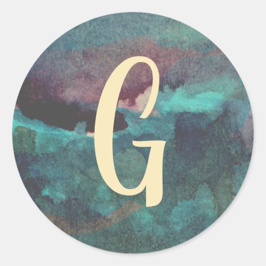 Waterverf blauwgroen en maroon Monogram Ronde Sticker (Voorkant)
